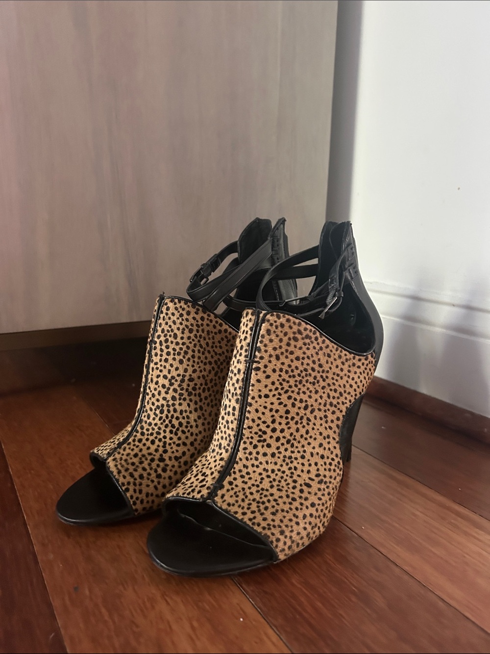 Dolce Vita Leopard Print Peep-Toe Wedge Heels - Black and Tan